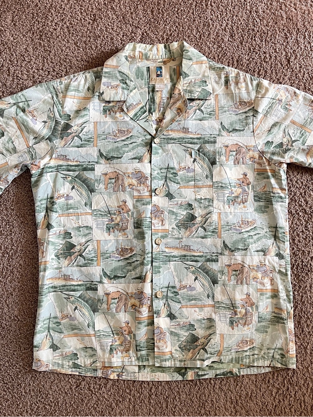Vintage Kahala Men's Short Sleeve Fishing Print Hawaiian Shirt - Sage Green
